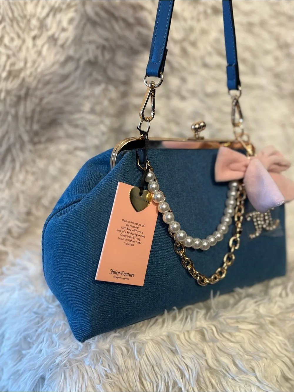 Juicy Couture denim kisslock bag with pink velvet bow & pearl chain charm. NWT - Picture 6 of 11